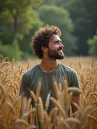 man outside in nature in forest or jungle or a field of wheat enjoying the natural world