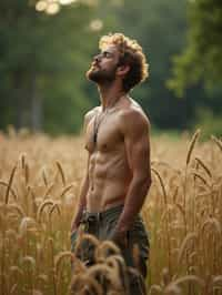 man outside in nature in forest or jungle or a field of wheat enjoying the natural world