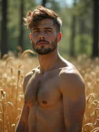 man outside in nature in forest or jungle or a field of wheat enjoying the natural world