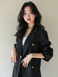 Korean woman (with black hair) (as korean kpop k-pop idol) posing for photo, wearing Korean clothes, Korean fashion, Korean fashion, Korean makeup, (in front of solid background)