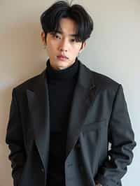 Korean man (with black hair) (as korean kpop k-pop idol) posing for photo, wearing Korean clothes, Korean fashion, Korean fashion, Korean makeup, (in front of solid background)