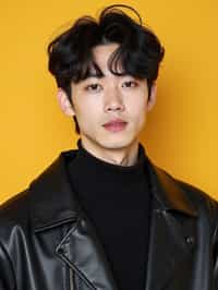 Korean man (with black hair) (as korean kpop k-pop idol) posing for photo, wearing Korean clothes, Korean fashion, Korean fashion, Korean makeup, (in front of solid background)