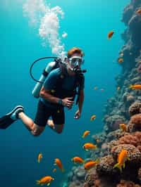 man scuba diving in a stunning coral reef, surrounded by colorful fish