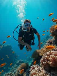 man scuba diving in a stunning coral reef, surrounded by colorful fish