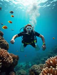 man scuba diving in a stunning coral reef, surrounded by colorful fish