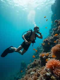 man scuba diving in a stunning coral reef, surrounded by colorful fish