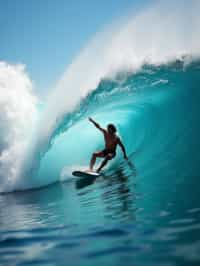 man as individual surfing a massive wave in a clear, blue ocean