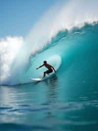 man as individual surfing a massive wave in a clear, blue ocean