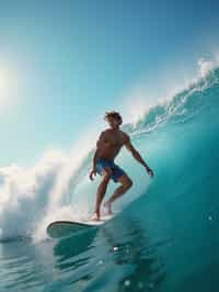 man as individual surfing a massive wave in a clear, blue ocean