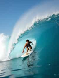 man as individual surfing a massive wave in a clear, blue ocean