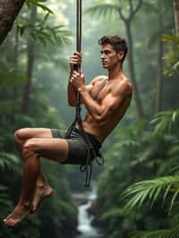 man zip-lining through a tropical rainforest canopy