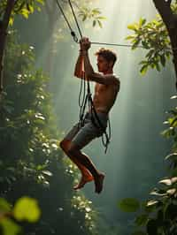 man zip-lining through a tropical rainforest canopy