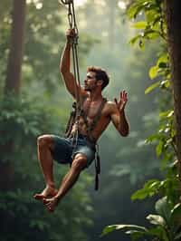 man zip-lining through a tropical rainforest canopy