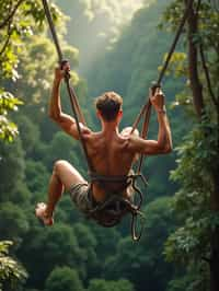 man zip-lining through a tropical rainforest canopy