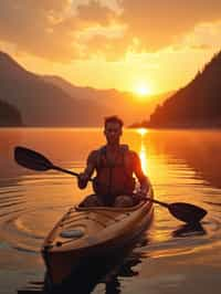 man as explorer kayaking in a serene lake with a mesmerizing sunset backdrop