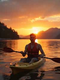 man as explorer kayaking in a serene lake with a mesmerizing sunset backdrop