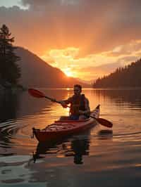 man as explorer kayaking in a serene lake with a mesmerizing sunset backdrop