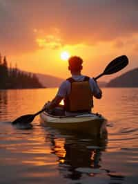 man as explorer kayaking in a serene lake with a mesmerizing sunset backdrop