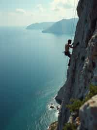 man as adventurer rock climbing a daunting cliff with a breathtaking sea view