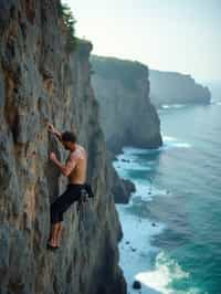 man as adventurer rock climbing a daunting cliff with a breathtaking sea view