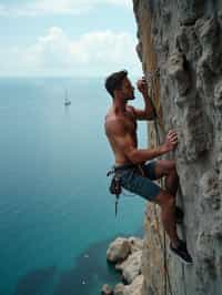 man as adventurer rock climbing a daunting cliff with a breathtaking sea view