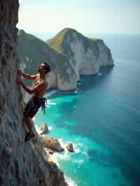 man as adventurer rock climbing a daunting cliff with a breathtaking sea view