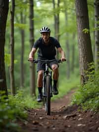 man as individual mountain biking through a dense forest trail