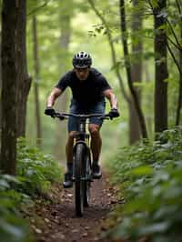 man as individual mountain biking through a dense forest trail