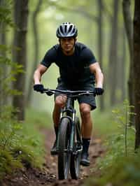 man as individual mountain biking through a dense forest trail