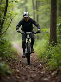 man as individual mountain biking through a dense forest trail