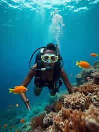 woman scuba diving in a stunning coral reef, surrounded by colorful fish