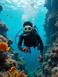 woman scuba diving in a stunning coral reef, surrounded by colorful fish