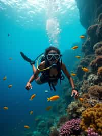 woman scuba diving in a stunning coral reef, surrounded by colorful fish