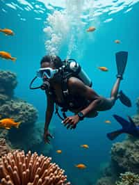 woman scuba diving in a stunning coral reef, surrounded by colorful fish