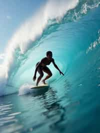 woman as individual surfing a massive wave in a clear, blue ocean