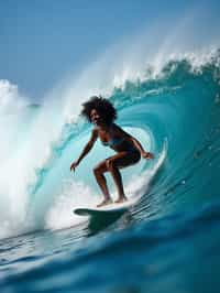 woman as individual surfing a massive wave in a clear, blue ocean