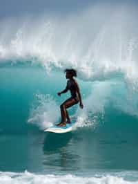 woman as individual surfing a massive wave in a clear, blue ocean