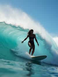 woman as individual surfing a massive wave in a clear, blue ocean