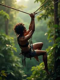 woman zip-lining through a tropical rainforest canopy