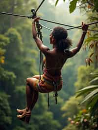 woman zip-lining through a tropical rainforest canopy