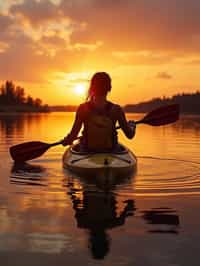 woman as explorer kayaking in a serene lake with a mesmerizing sunset backdrop