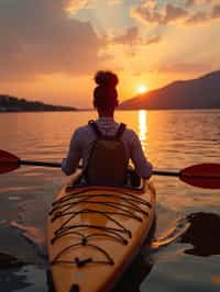 woman as explorer kayaking in a serene lake with a mesmerizing sunset backdrop