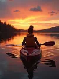 woman as explorer kayaking in a serene lake with a mesmerizing sunset backdrop