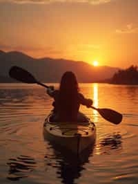 woman as explorer kayaking in a serene lake with a mesmerizing sunset backdrop