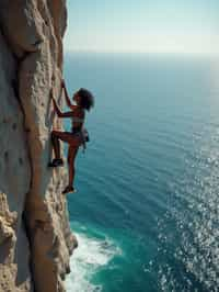 woman as adventurer rock climbing a daunting cliff with a breathtaking sea view