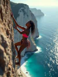 woman as adventurer rock climbing a daunting cliff with a breathtaking sea view