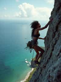 woman as adventurer rock climbing a daunting cliff with a breathtaking sea view