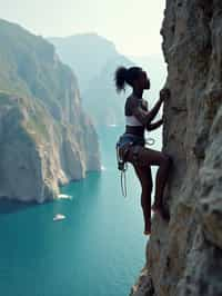 woman as adventurer rock climbing a daunting cliff with a breathtaking sea view