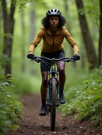 woman as individual mountain biking through a dense forest trail