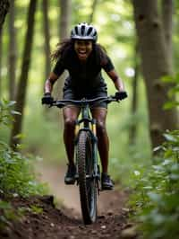 woman as individual mountain biking through a dense forest trail